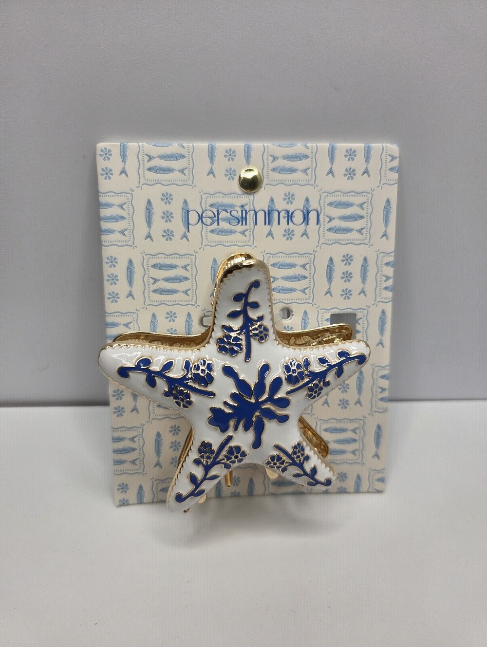 💙▪️Persimmon ▪️White & Blue Starfish Hair Metal Claw Clip with Gold Accents - Picture 2 of 8